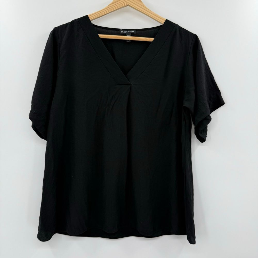 Eileen fisher black silk blouse v neck top size‎ xs